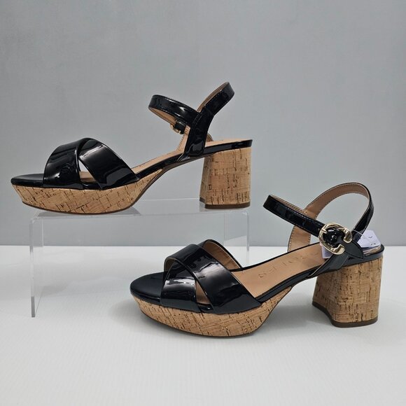 Aerosoles Cosmos Platform Sandal Womens 8 Black Patent Cork Chunky Heel NEW - Picture 2 of 15